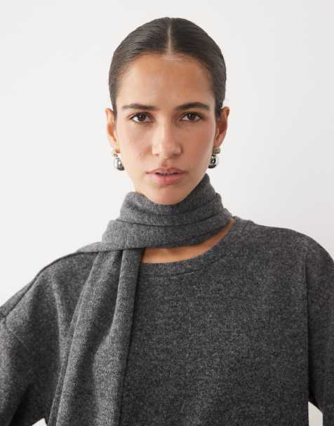 Vila oversized knitted jumper with detachable scarf in dark grey melange - view 1
