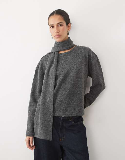 Vila oversized knitted jumper with detachable scarf in dark grey melange, 2 of 4