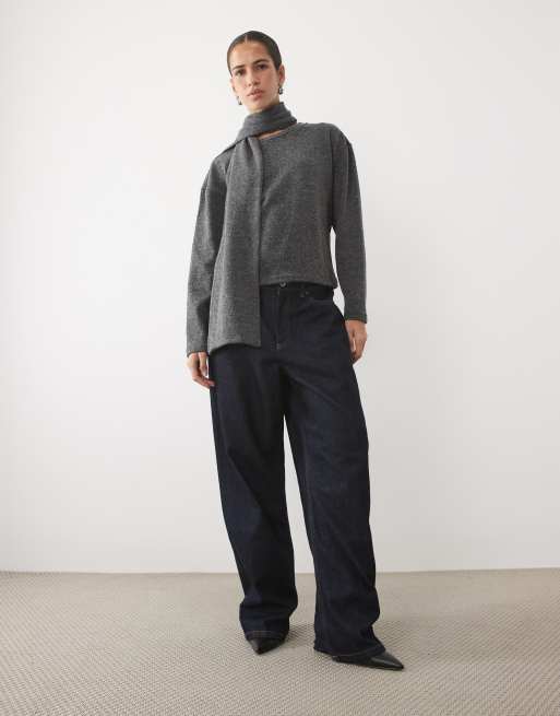 Vila oversized knitted jumper with detachable scarf in dark grey melange, 3 of 4