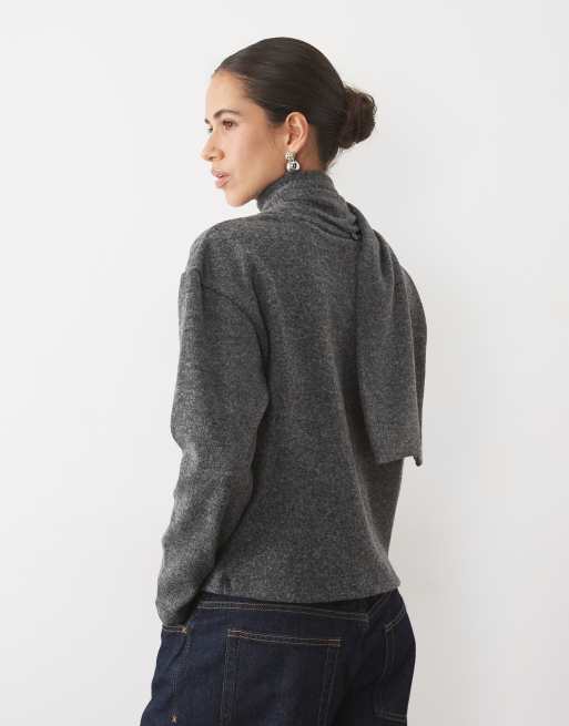 Vila oversized knitted jumper with detachable scarf in dark grey melange, 4 of 4