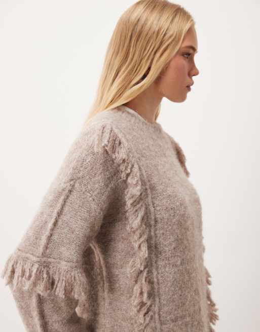 Vila oversized knitted jumper with fringe trim in beige, 2 of 4