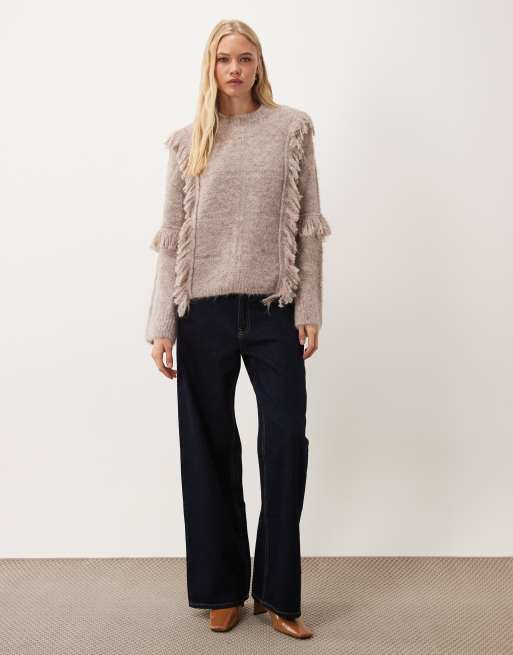 Vila oversized knitted jumper with fringe trim in beige, 3 of 4