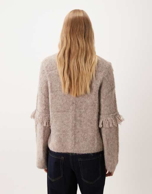 Vila oversized knitted jumper with fringe trim in beige, 4 of 4