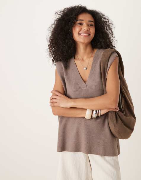 VILA oversized knitted singlet in light brown - view 1