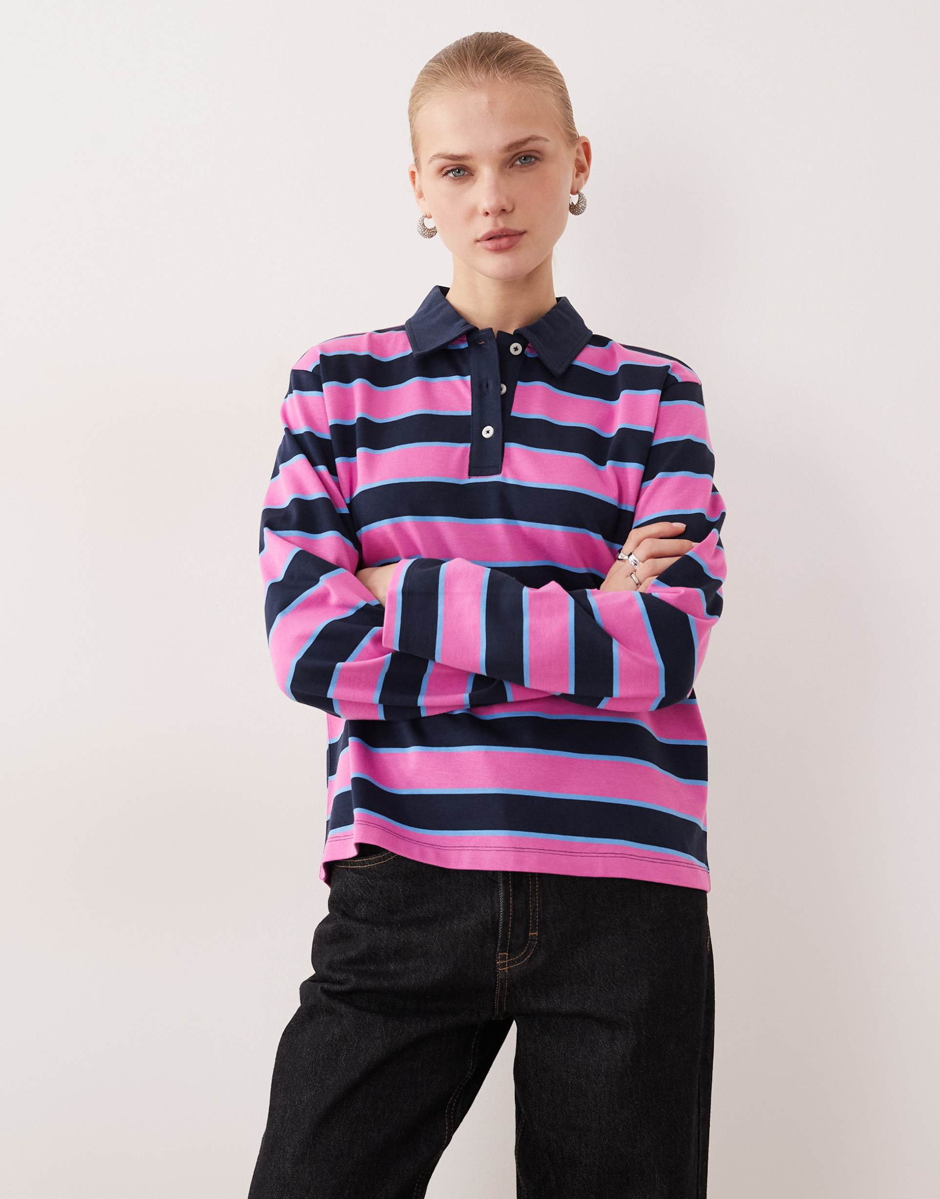 vila oversized rugby polo shirt in pink and navy stripes
