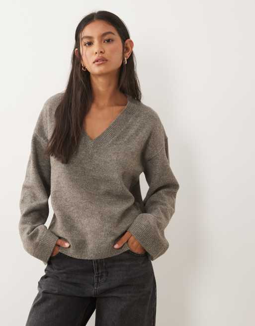 Vila oversized striktrøje med v-hals i falcon melange, 3 af 4