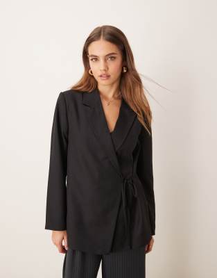 oversized tie detail blazer in black