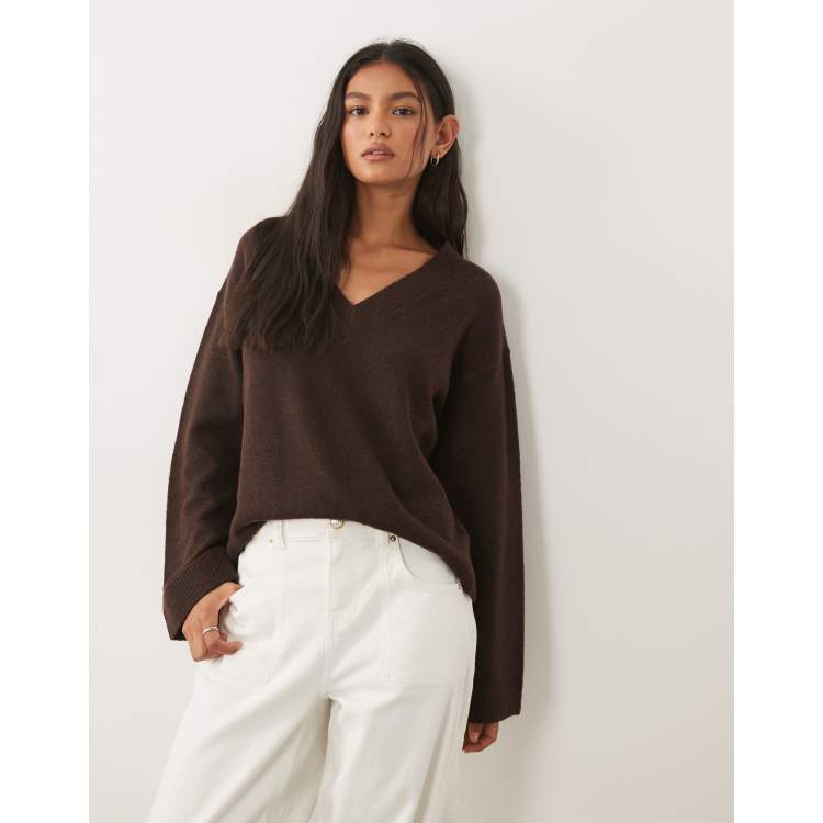 VILA oversized v-neck knit sweater in chocolate brown | ASOS