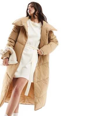 Vila Padded Longline Coat In Beige-neutral