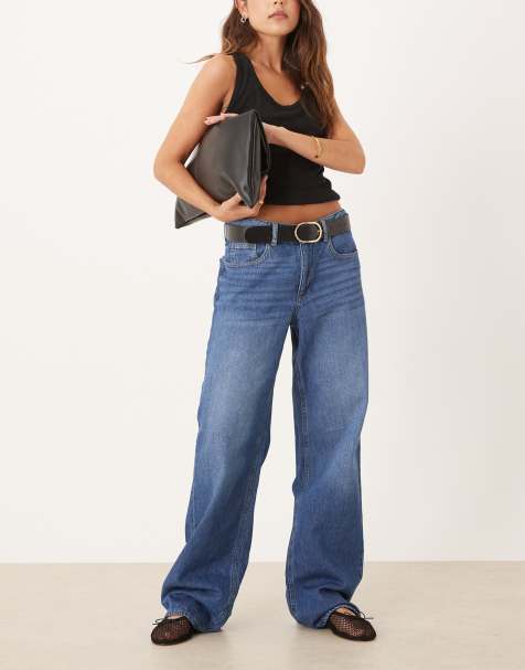 Vila Palma mid waist wide leg jeans in mid blue