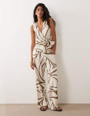 Pantalon ample d'ensemble aspect lin à fleurs - Marron-multicolore 36