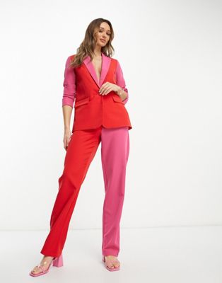 Vila tailored colour block tapered trouser co-ord in red and pink - ASOS Price Checker