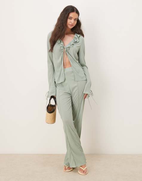 Vila - Pantalon en jersey texturé ample d'ensemble - Vert milieu - view 1