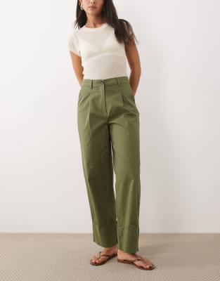 Pantalon en toile taille haute à revers - Vert olive 40