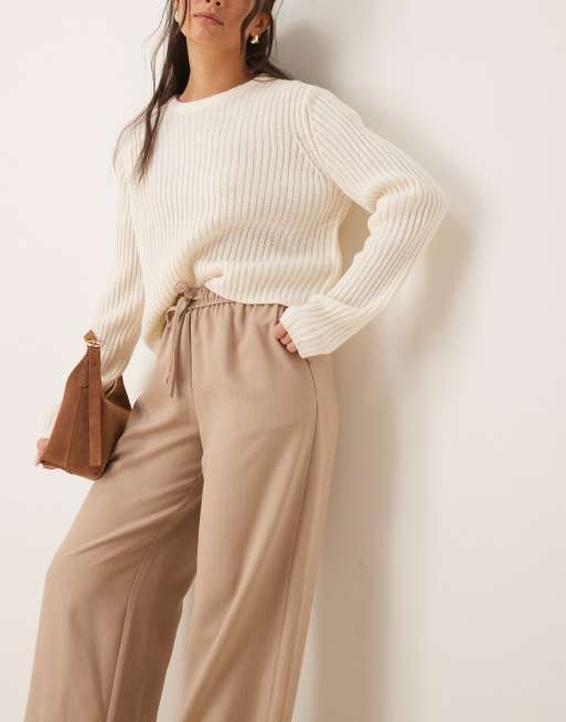 VILA - Pantalon large à taille nouée avec fines rayures - Fauve et blanc, 4 de 5