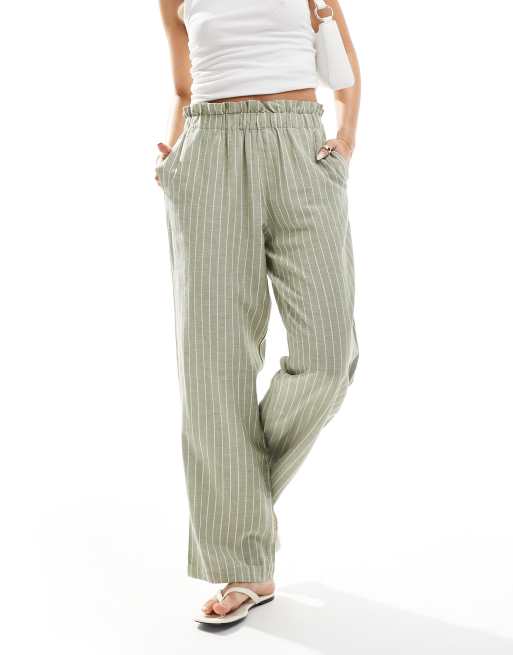 Vila - Pantalon large aspect lin à rayures fines - Vert