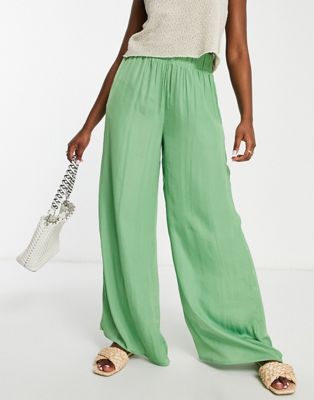 Vila satin wide leg trouser co-ord in green - ASOS Price Checker