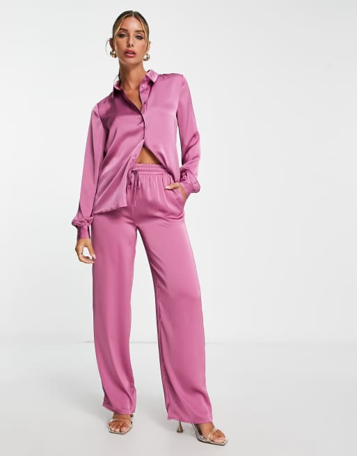 Vila Pantalon large d ensemble satin Rose