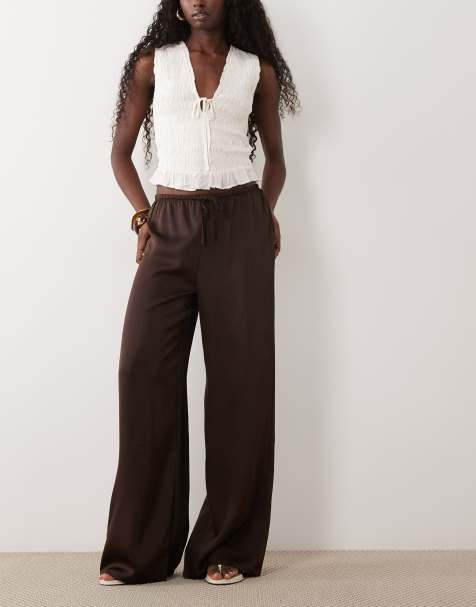 Vila pantalon large en satin à taille nouée marron chocolat - view 1