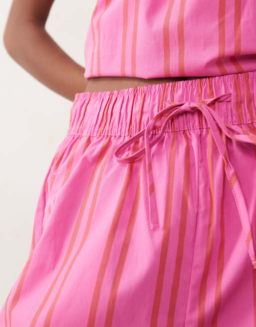 VILA - Pantalones cortos rosas a rayas rojas de talle alto con lazada delantera de algodón (parte de un conjunto), 4 de 5