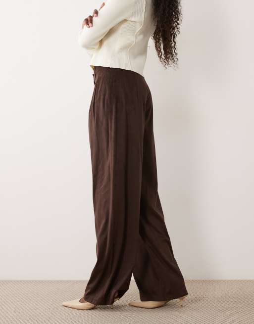 Vila pantalones de sastre de pierna ancha con pliegues de efecto ante en marrón chocolate, del conjunto, 5 de 5