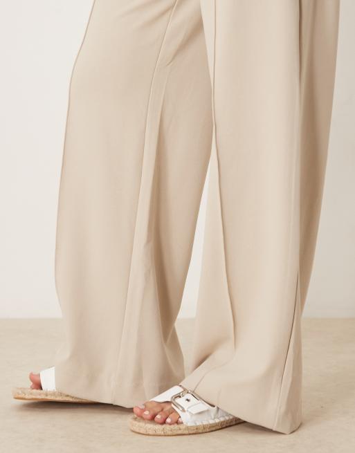 Vila - Pantaloni a fondo ampio e vita alta beige con cuciture sul davanti, 4 di 5