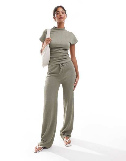 Vila - Pantaloni a fondo ampio elasticizzati color tortora in coordinato