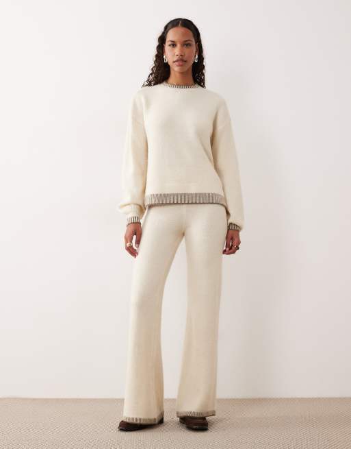 VILA - Pantaloni a fondo ampio in maglia color crema con finiture a contrasto in coordinato