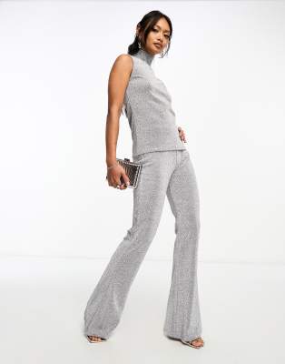 Pantaloni Donna Con Paillettes A Vita Bassa E Gamba Larga - Modello Glitterato Per Discoteca, Festa, Rave E Concerto - Stile Y2K, Argento