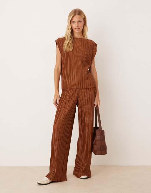 VILA - Pantaloni plissé ampi color bronzo in coordinato