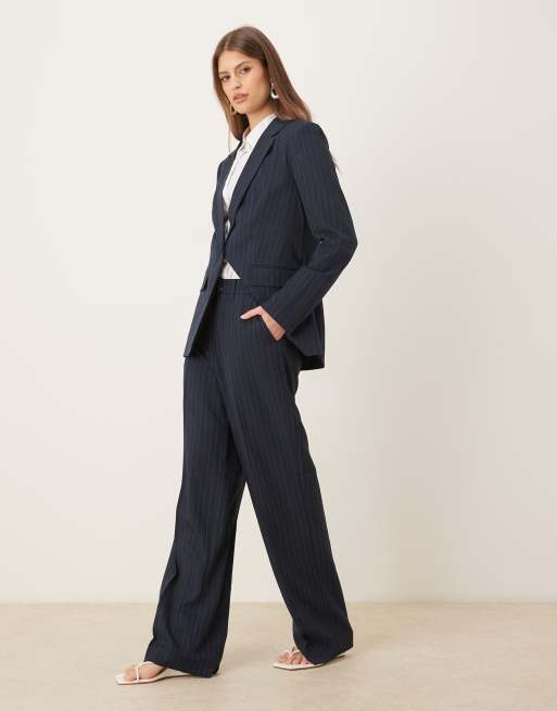 Vila - Pantaloni sartoriali a vita alta blu navy gessato in coordinato, 3 di 5