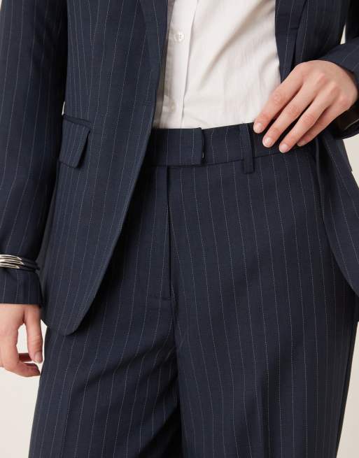 Vila - Pantaloni sartoriali a vita alta blu navy gessato in coordinato, 4 di 5