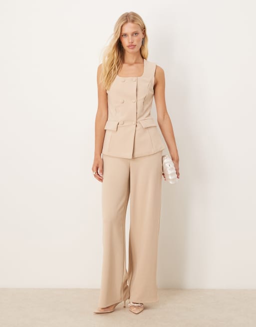 Vila - Pantaloni sartoriali a vita alta color pietra in coordinato