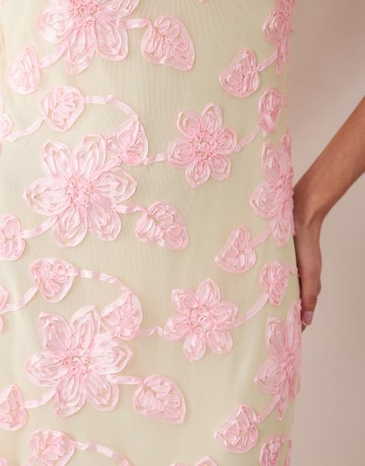 VILA - Pastelgul og lyserød maxikjole med blomsterbroderi, 4 af 4
