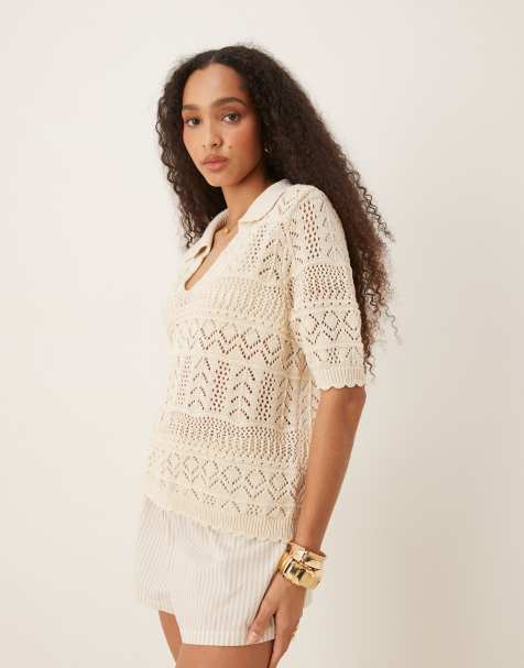 VILA patterned crochet short sleeve knit polo top in birch cream - view 1