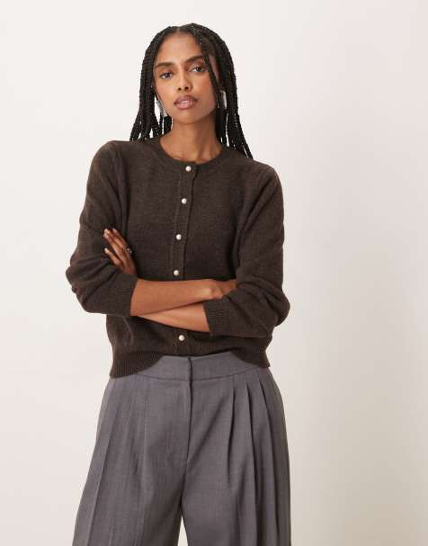 VILA pearl button front knitted cardigan in chocolate brown melange - view 1