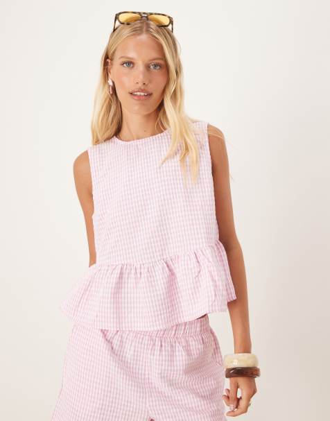 Vila peplum hem gingham top co-ord in pink and white - view 1