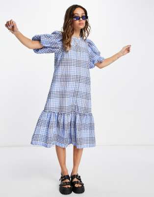 Vila peplum hem midi dress in blue check-Multi