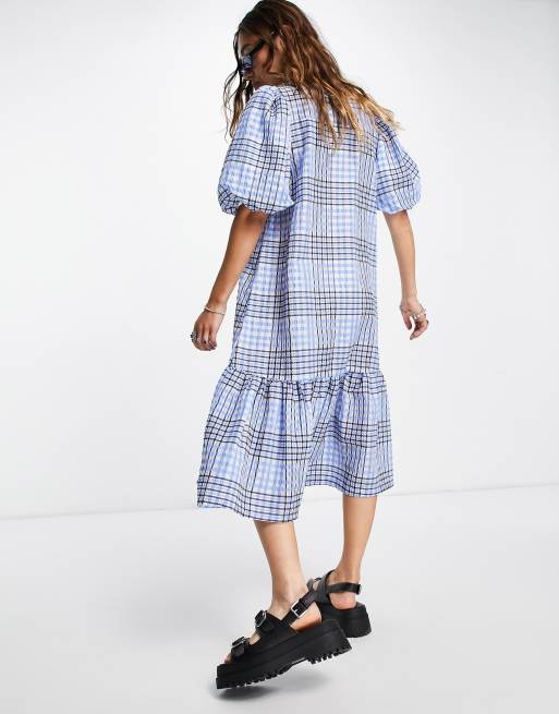 Vila peplum hem midi dress in blue check, 2 of 4