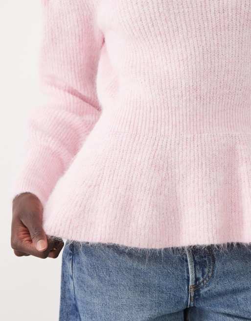 Vila peplum hem rib knitted jumper in ballet pink, 3 of 4