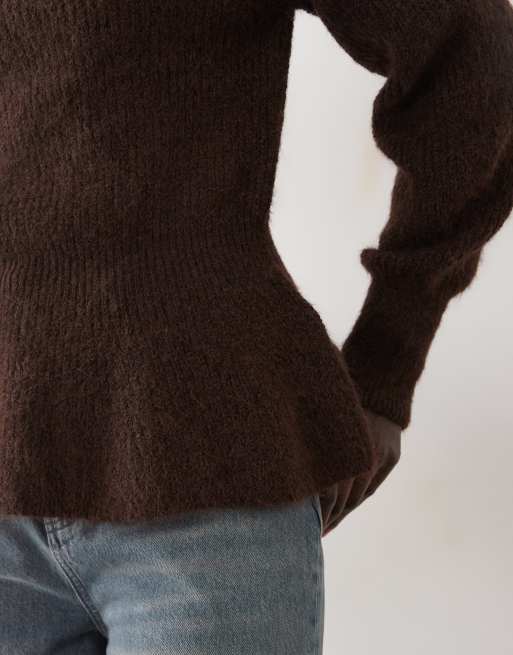 Vila peplum hem rib knitted jumper in chocolate brown, 4 of 4