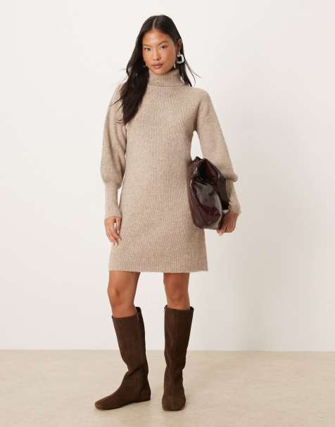 VILA Petite balloon sleeve knit mini dress in heathered natural - view 1