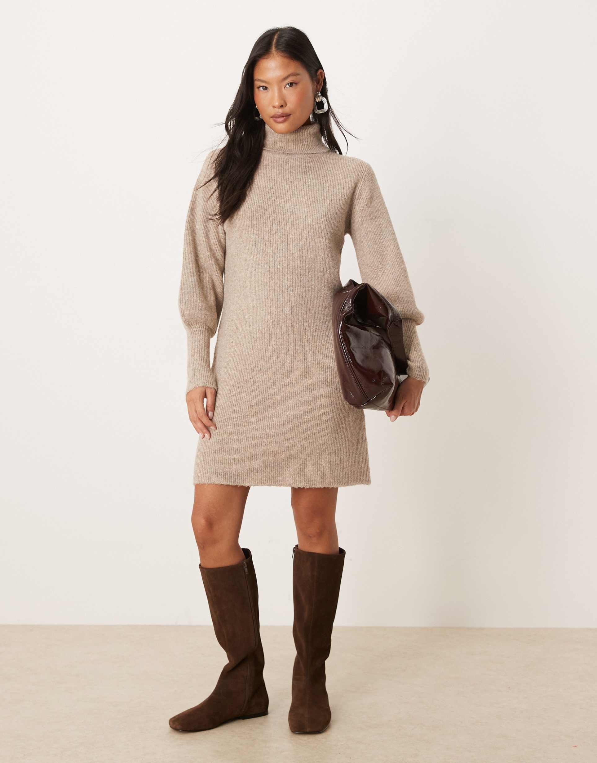 vila petite balloon sleeve knit mini dress in heathered natural