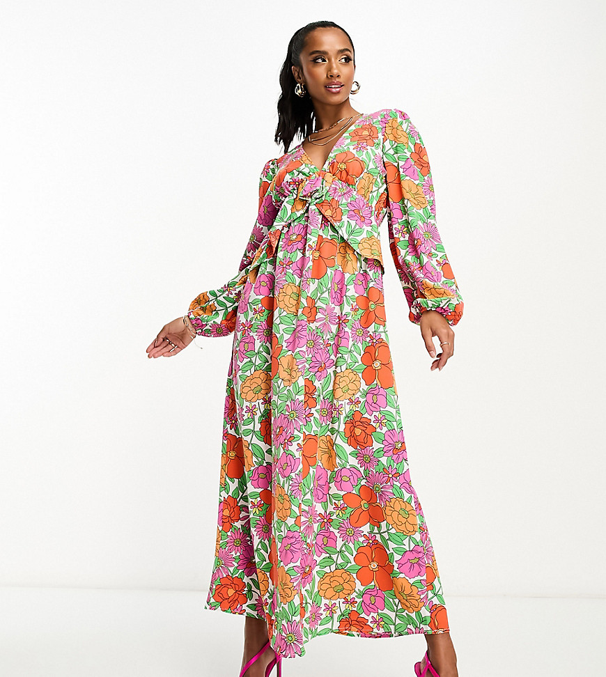 balloon sleeve midi dress with frill waist in bright bold floral-Multi