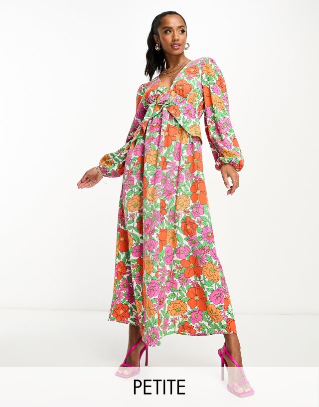 Vila Petite - balloon sleeve midi dress with frill waist in bright bold floral