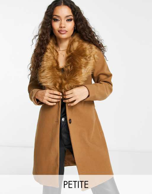 Vila Petite belted coat with faux fur collar in camel