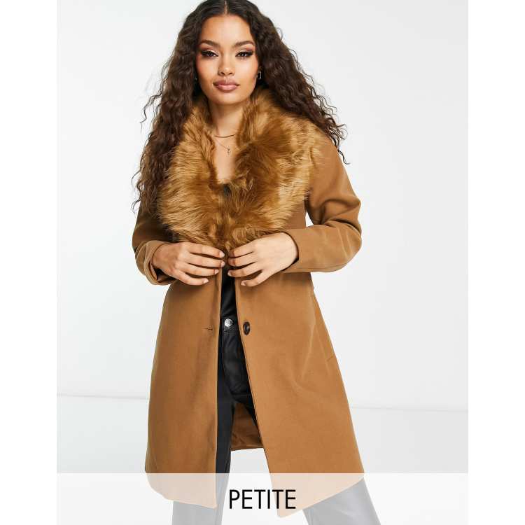 Vila Petite belted coat with fur collar in camel ASOS