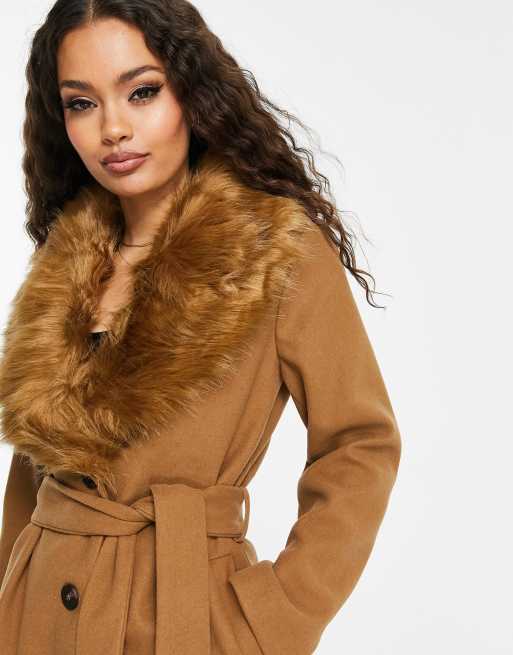 Women's Wide Collar Wrap Coat - Short-Length - Camel Small / Camel