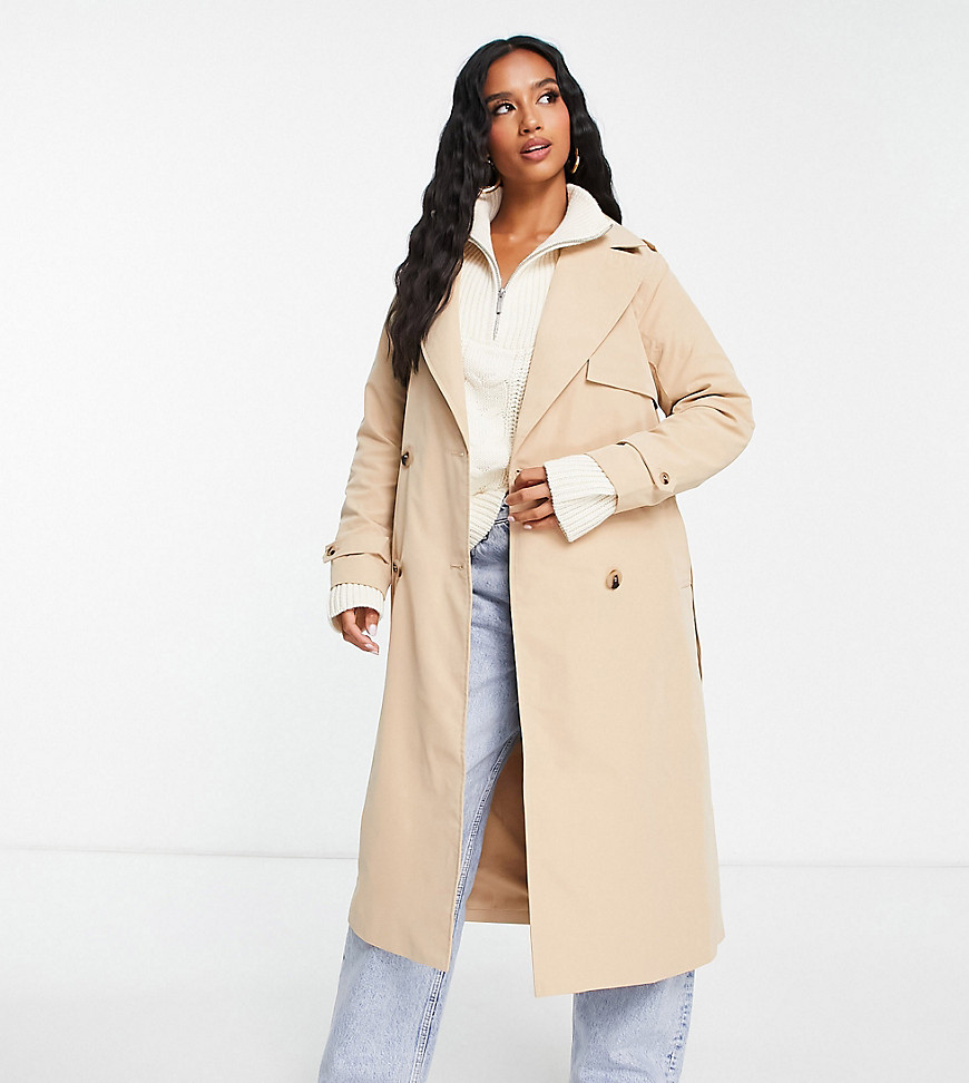 Vila Petite belted double breasted trench in beige-Neutral