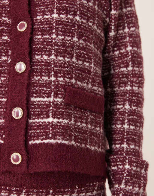 VILA Petite - Bordeauxrød og hvid cardigan i boucle med tern - Del af sæt     , 3 af 4
